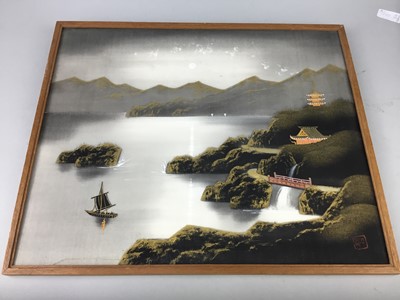 Lot 180 - A JAPANESE WATERCOLOUR AND A CARVED TRAY