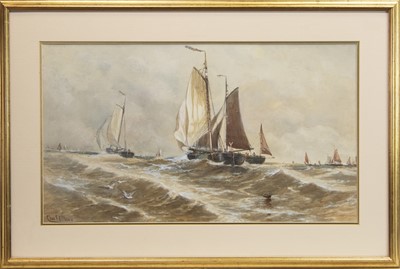 Lot 488 - FISHING BOATS OFF THE COAST, A WATERCOLOUR BY CHARLES FREDERICK ALLBON