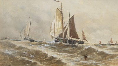 Lot 488 - FISHING BOATS OFF THE COAST, A WATERCOLOUR BY CHARLES FREDERICK ALLBON