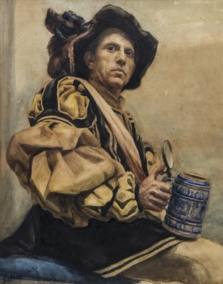 Lot 475 - PORTRAIT OF A MAN DRINKING BEER, A WATERCOLOUR BY RUDOLF SCHRAMM ZITTAU