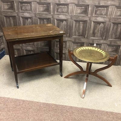 Lot 267 - A MAHOGANY TURNOVER CARD TABLE, A BRASS FOLDING TABLE AND A MAHOGANY COFFEE TABLE