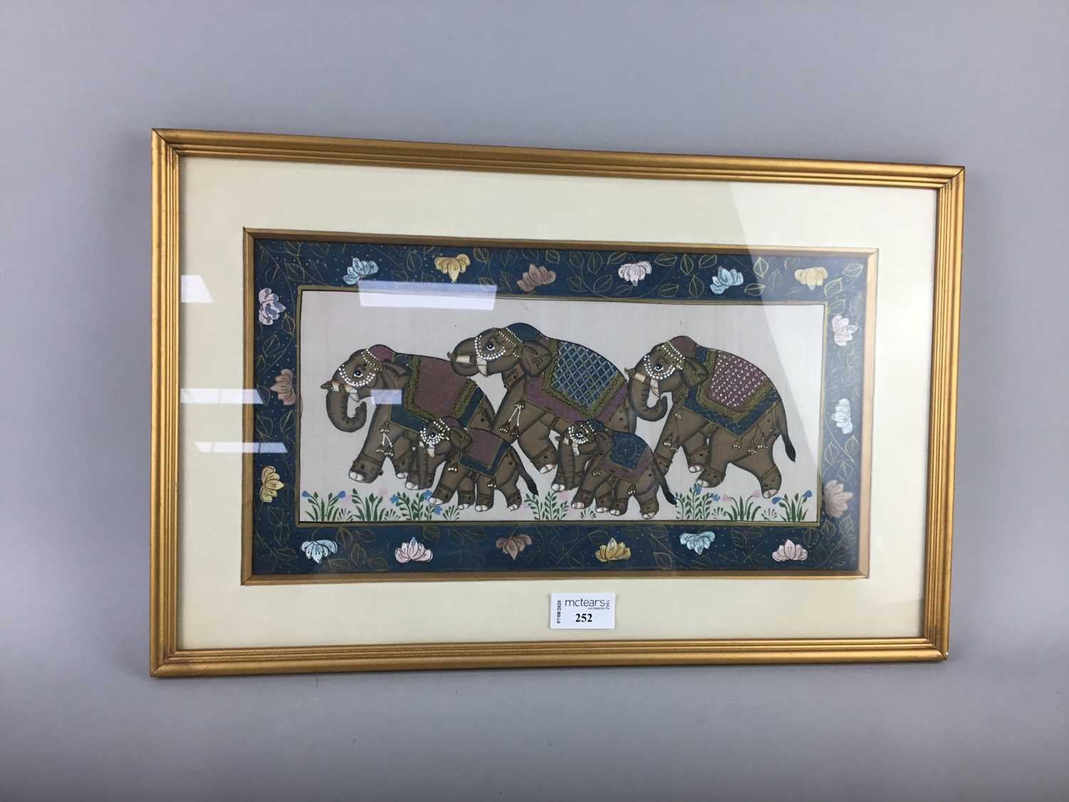 Lot 252 - AN INDIAN GOUACHE PAINTING ON SILK DEPICTING ELEPHANTS