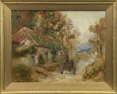 Lot 155 - RURAL SCENE WITH HORSE AND CART, AN OIL BY JAMES GILMOUR