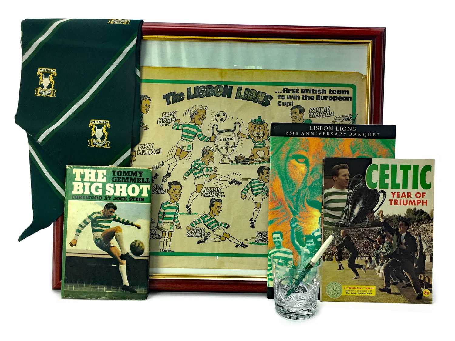 Lot 1748 - A SIGNED LISBON LIONS 25TH ANNIVESARY BANQUET PROGRAMME ALONG WITH OTHER RELATED PIECES