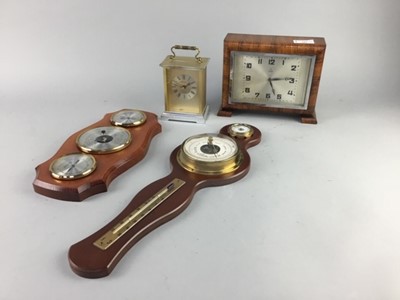 Lot 289 - A MANTEL CLOCK, A BRASS CORNER CLOCK AND TWO WALL BAROMETERS