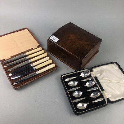 Lot 195 - A SET OF SIX SILVER TEASPOONS A SET OF BUTTER KNIVES AND WALNUT JEWELLERY BOX
