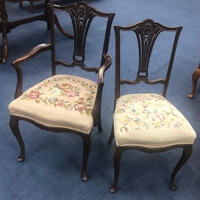Lot 297 - AN EDWARDIAN MAHOGANY DRAWING ROOM ARMCHAIR AND MATCHING SIDE CHAIR
