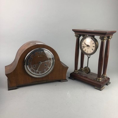 Lot 220 - A REPRODUCTION FOUR PILLAR MANTEL CLOCK, ANOTHER AND A CADDY