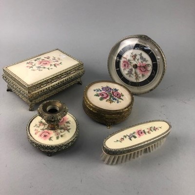 Lot 227 - A METAL AND FLORAL NEEDLEWORK DRESSING TABLE SET
