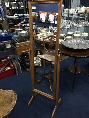 Lot 333 - A TEAK NEST OF THREE TABLES, A KIDNEY SHAPED TABLE AND A CHEVAL MIRROR