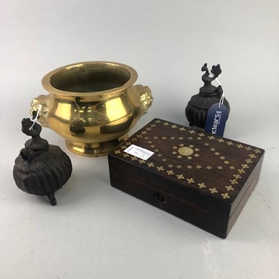 Lot 251 - A BRASS CENSOR, PAIR OF CAST IRON POTS AND A BOX