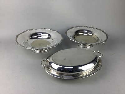 Lot 370 - A SILVER PLATED THREE PIECE TEA SERVICE ALONG WITH OTHER PLATE