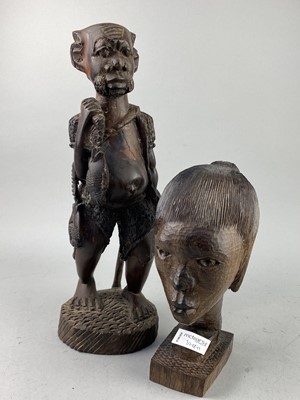 Lot 320 - A CARVED WOOD AFRICAN FIGURE, THREE BUSTS AND THREE OTHERS