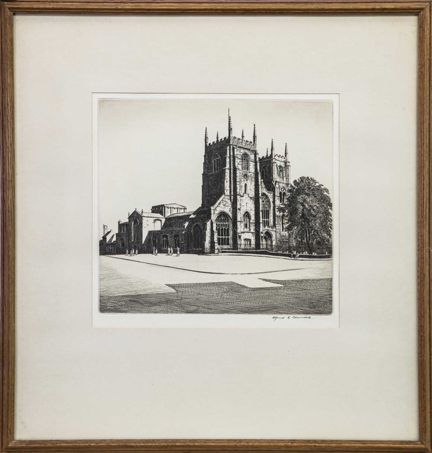 Lot 405 - VIEW TOWARDS A CHURCH, AN ETCHING BY ALFRED RICHARD BLUNDELL