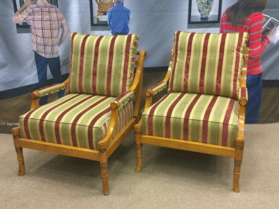 Lot 1413 - A PAIR OF WALNUT OPEN ARM CHAIRS