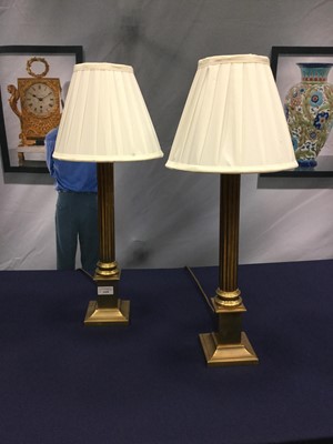 Lot 1418 - A PAIR OF BRASS COLUMN TABLE LAMPS