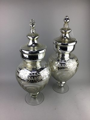 Lot 408 - A PAIR OF CONTEMPORARY LIDDED GLASS URNS AND A BUFFALO