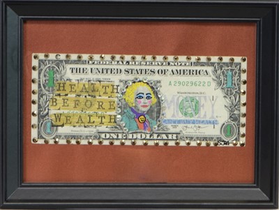 Lot 640 - HEALTH BEFORE WEALTH, MIXED MEDIA ON $1 NOTE, BY SARAH J HARPER