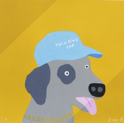 Lot 677 - THINKING CAP, YELLOW, AN ACRYLIC AND INK BY EUAN ROBERTS