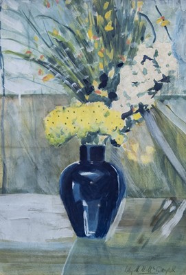 Lot 518 - FLOWERS IN A BLUE VASE, A WATERCOLOUR BY LILY MCDOUGALL