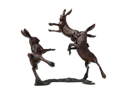 Lot 1420 - BOXING HARES, A BRONZE BY MICHAEL SIMPSON