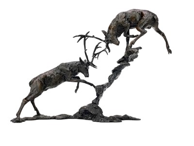 Lot 1422 - STAGS IN DUEL, A BRONZE BY MICHAEL SIMPSON