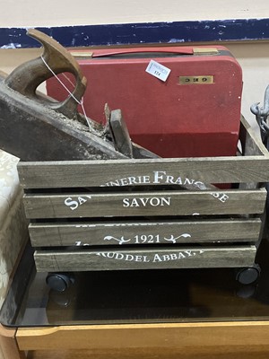 Lot 124 - A VINTAGE TYPEWRITER, WOOD PLANE, WOODEN CRATE AND BUCKETS