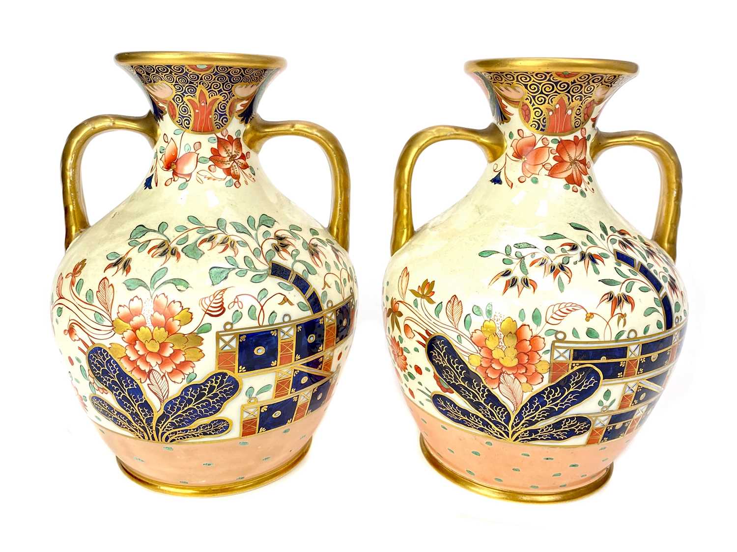 Lot 1025 - A PAIR OF LATE VICTORIAN STAFFORDSHIRE IMARI VASES