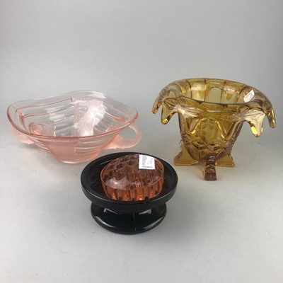 Lot 24 - AN AMBER GLASS DRESSING TABLE SET ALONG WITH OTHER MID-CENTURY GLASS