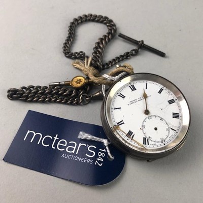Lot 32 - A SILVER POCKET WATCH WITH FOB CHAIN