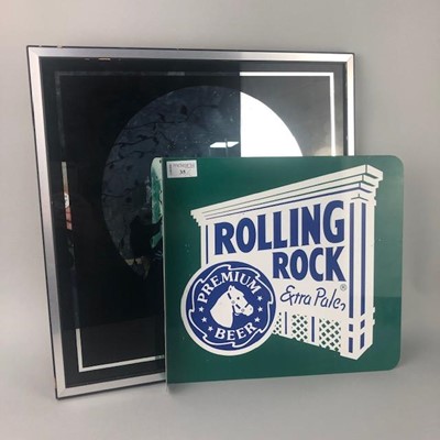 Lot 35 - A ROLLING ROCK ALE ENAMEL SIGN ALONG WITH A MIRROR