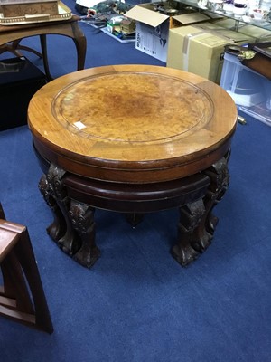 Lot 38 - A BURR WALNUT COFFEE TABLE FITTED WITH FOUR TRIANGULAR OCCASIONAL TABLES