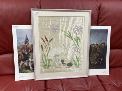 Lot 166 - A LOT OF TWO WOOLWORK TAPESTRIES ALONG WITH A PAINTING ON SILK / A LOT OF THREE PICTURES