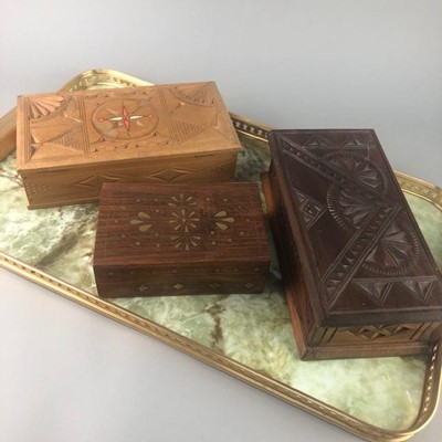 Lot 213 - A CARVED WOOD JEWELLERY CASKET, TWO OTHERS AND A SERVING TRAY
