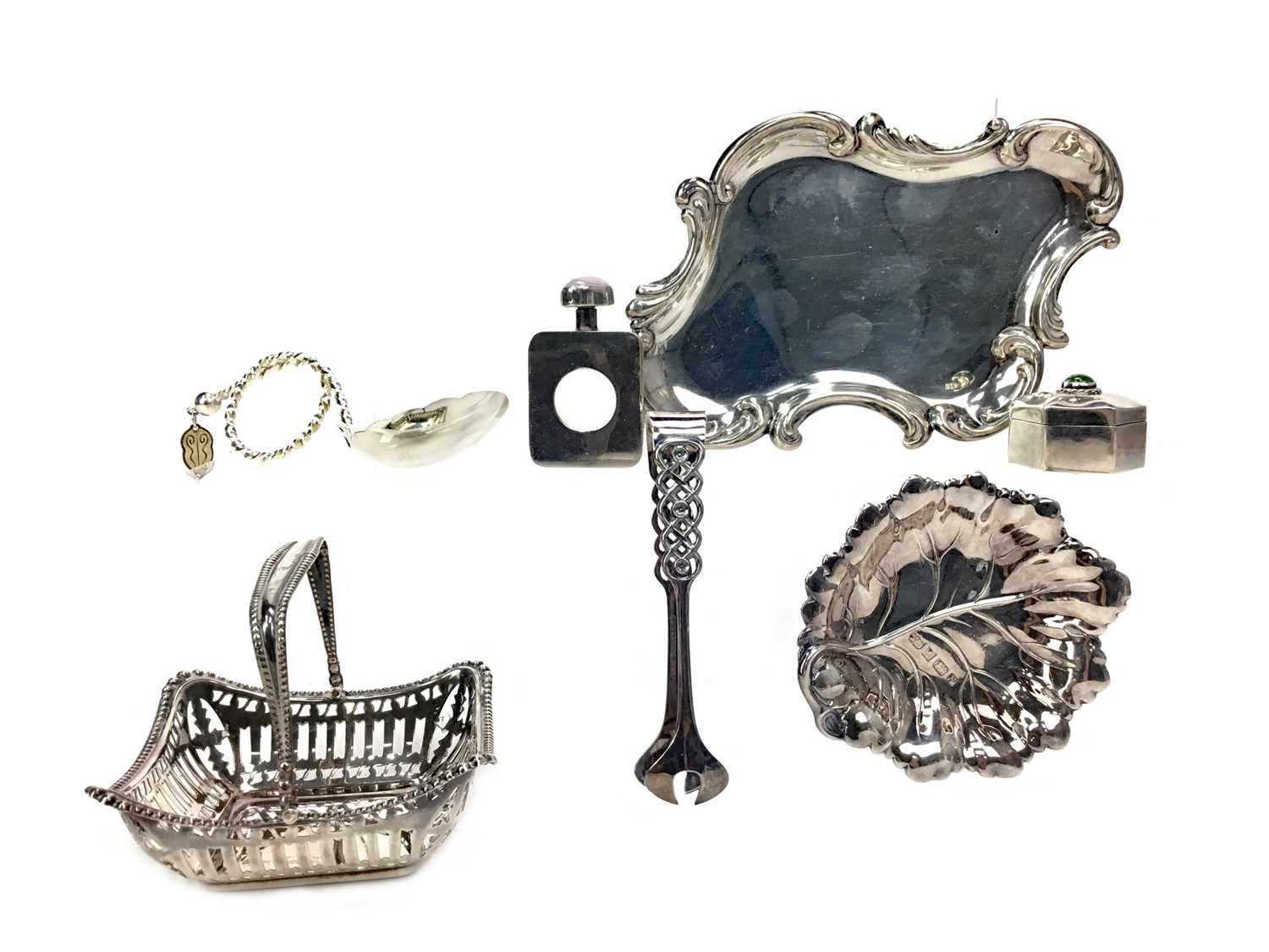 Lot 446 - A MEXICAN SILVER PILL BOX AND SCENT BOTTLE ALONG WITH OTHER SILVER INCLUDING CONTINENTAL EXAMPLES