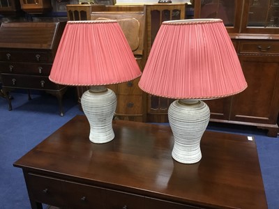 Lot 206 - A PAIR OF MODERN CERAMIC TABLE LAMPS AND THREE OTHER TABLE LAMPS