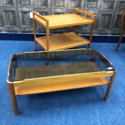 Lot 218 - A GLASS TOPPED OCCASIONAL TABLE AND A TWO TIER TROLLEY