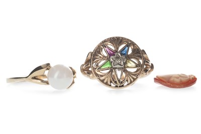 Lot 306 - A MASONIC DIAMOND AND GEM SET ORDER OF THE EASTERN STAR RING, FAUX PEARL RING AND UNMOUNTED CAMEO