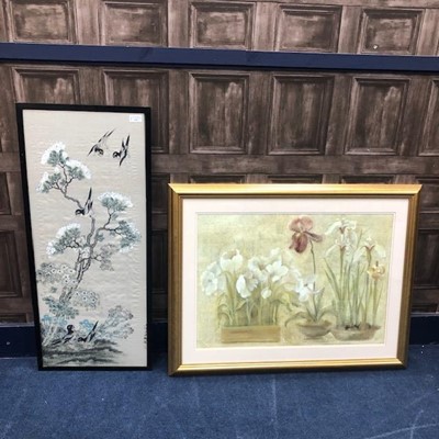 Lot 155 - A 20TH CENTURY CHINESE PAINTING ON SILK AND A PRINT OF FLOWERS