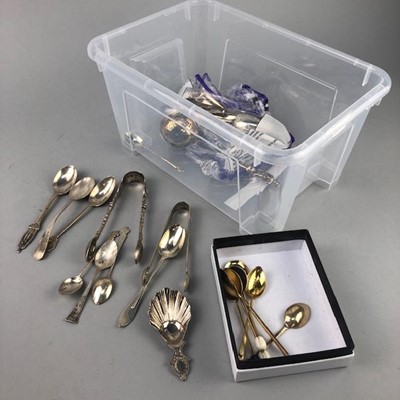 Lot 265 - A SILVER BOWLED SIFTING SPOON AND OTHER SILVER PLATED ITEMS