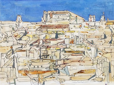 Lot 573 - SPANISH VILLAGE, A MIXED MEDIA BY GEORGE CALLUM SINCLAIR