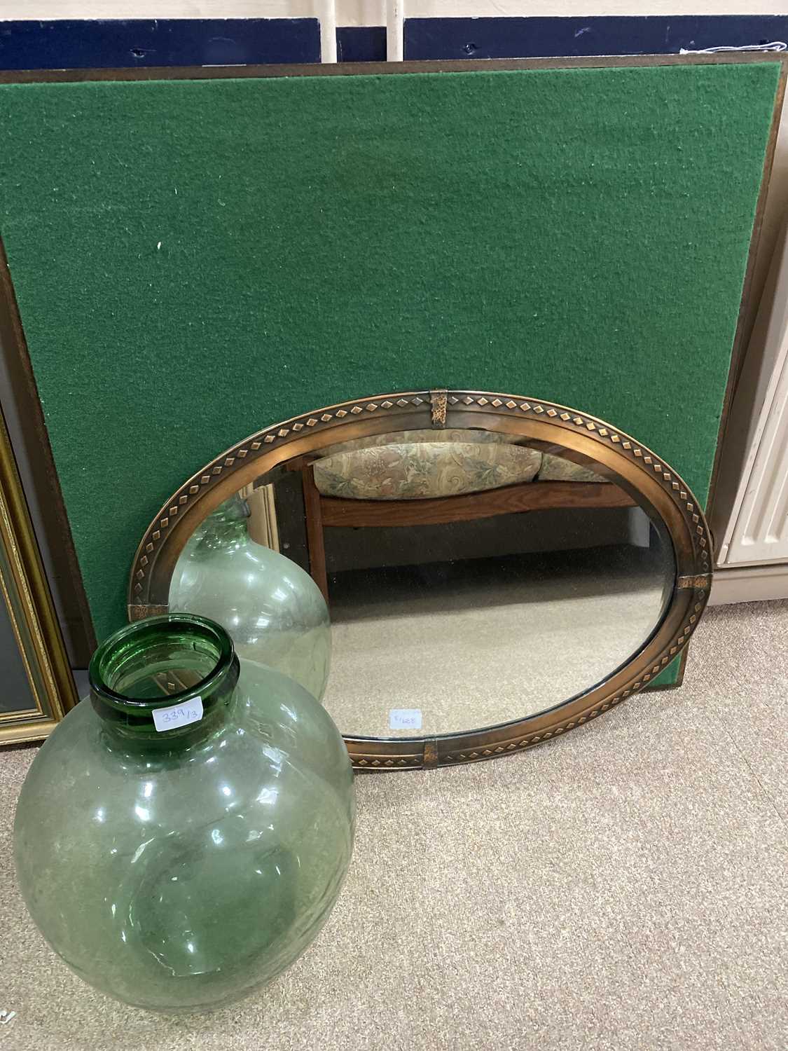 Lot 339 - A FOLDING CARD TABLE, AN OVAL WALL MIRROR AND A CARBOY