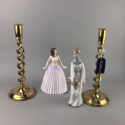 Lot 351 - A PAIR OF BRASS CANDLESTICKS AND CERAMIC FIGURES