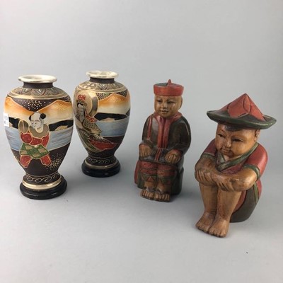 Lot 343 - A PAIR OF JAPANESE VASES AND TWO CARVED WOOD FIGURES