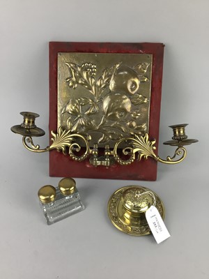 Lot 253 - A PAIR OF BRASS WALL SCONCES ALONG WITH OTHER BRASS WARE