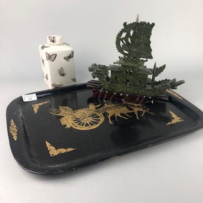 Lot 258 - A CHINESE LACQUERED TEA TRAY, TEA CADDY AND A MODEL BOAT