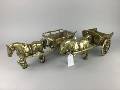 Lot 416 - A LOT OF BRASS MODELS OF TWO HORSE DRAWN CARTS AND TWO OTHERS