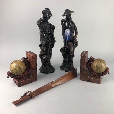 Lot 422 - A PAIR OF BOOKENDS, TWO FIGURES AND A SHOE HORN