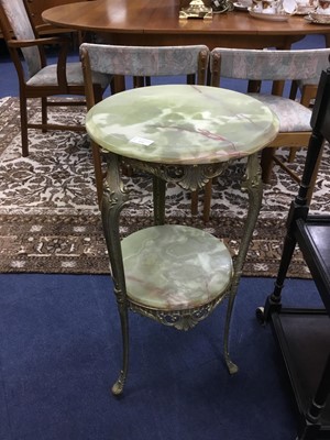 Lot 373 - AN ONYX AND BRASS TWO TIER OCCASIONAL TABLE AND A MAHOGANY TABLE