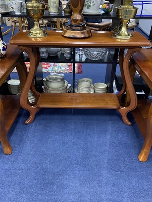 Lot 378 - A PAIR OF TWO TIER OCCASIONAL TABLES AND A HALL TABLE